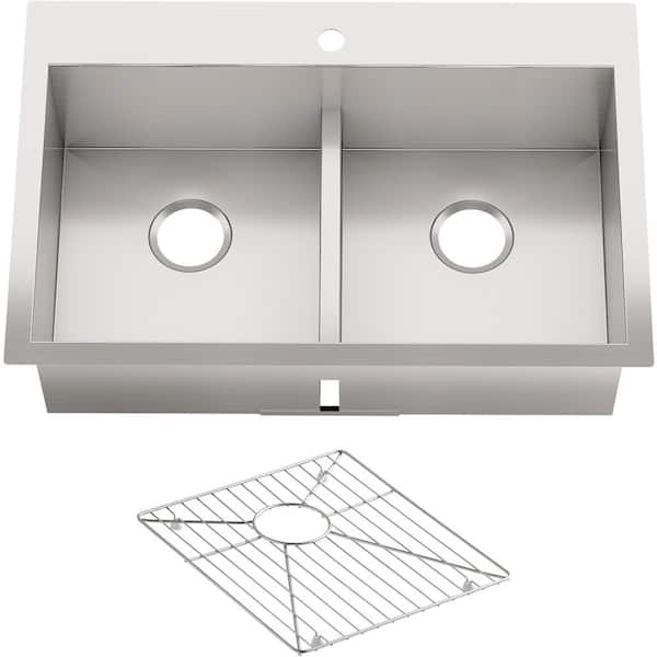KOHLER Vault Dual Mount Stainless Steel 33 in. 1-Hole Double Bowl Kitchen Sink with Basin Rack