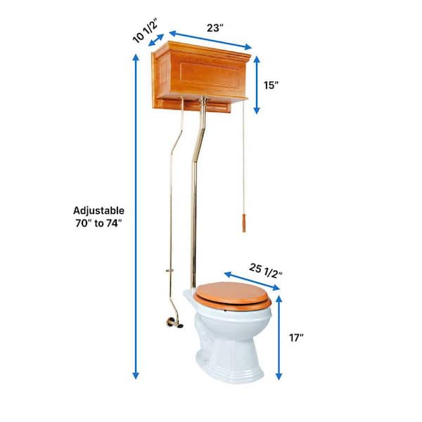 RENOVATORS SUPPLY MANUFACTURING Oxford High Tank Toilet 1.6 GPF Round Bowl  in White Single Flush Raised Light Oak Tank and Brass Pipe Seat not  Included 13025 - The Home Depot