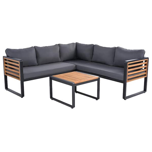 4-Pieces Wood Outdoor Sectional Set, Metal and Wood Frame Sectional Sofa with Cushions and a Coffee Tables, Gray