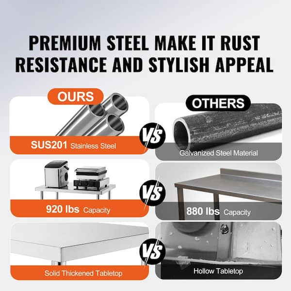 Stainless Steel Kitchen Prep Table 30 x 72 x 34 in. 920 lbs. Load Capacity Heavy Duty Table with 3-Adjustable, Silver