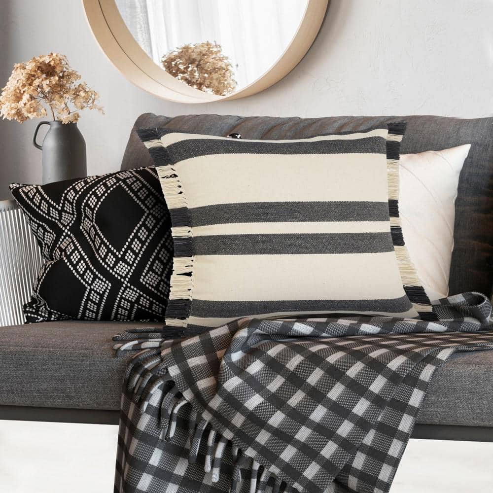 Gray and White 20" Square Striped Fringe Throw Pillow