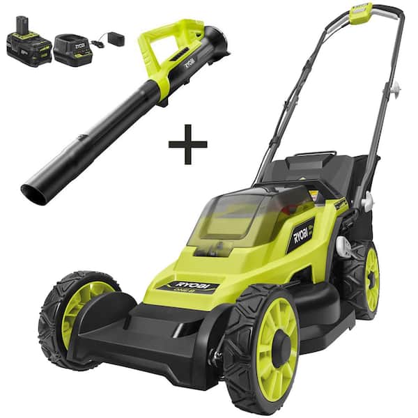 RYOBI P1180-2X ONE+ 18V 13 in. Cordless Battery Walk Behind Push Lawn Mower and Leaf Blower with 4.0 Ah Battery and Charger - 1