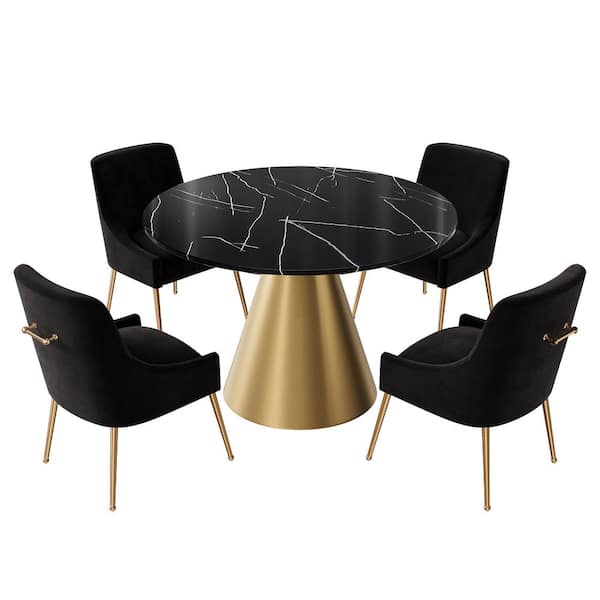 Boyel Living 5-Piece Round Stainless-Steel Black and Gold Marble Top Table Set Seats 4 (4 Black Dining Chairs）