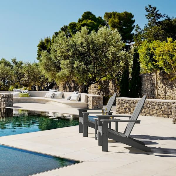 Hampton Curveback Dark Gray Recycled Plastic Outdoor Patio Adirondack Chair with Cup Holder Fire Pit Chair Set of 8