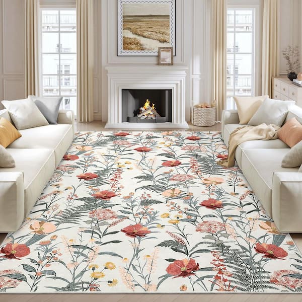 Beige 9 ft. x 12 ft. Non-Slip Border Print Rug Machine Washable Ultra Thin Soft for Bedroom Dining Room Office