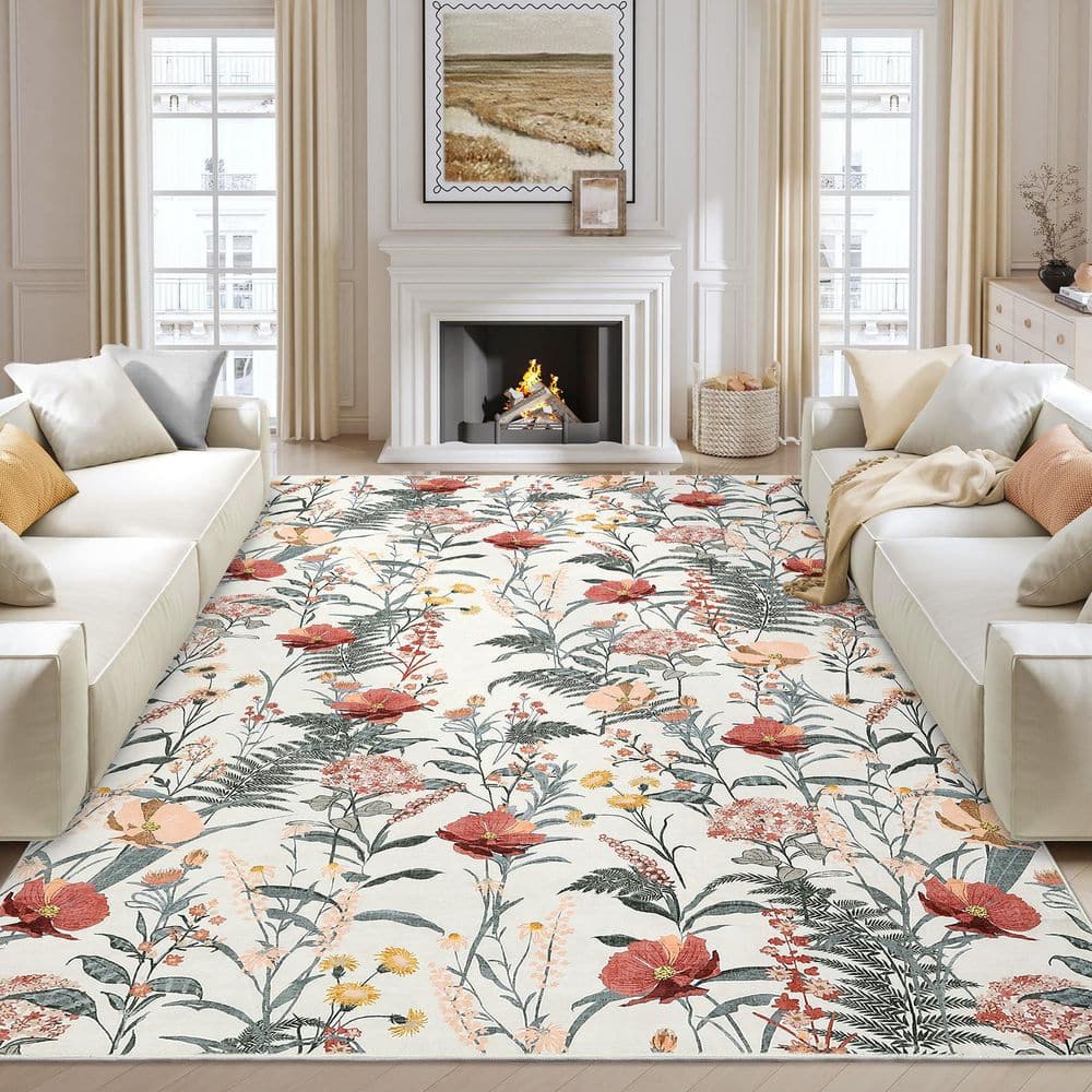 Beige 6 ft. x 9 ft. Non-Slip Border Print Rug Machine Washable Ultra ...