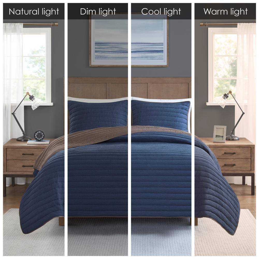 Navy and Brown King Microfiber Reversible Quilt Set