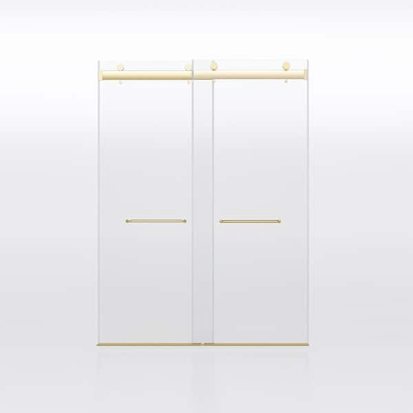 56 in. - 60 in. W x 76 in. H Double Sliding Frameless Shower Door in Brushed Gold Soft-Closing and 3/8 in. Clear Glass