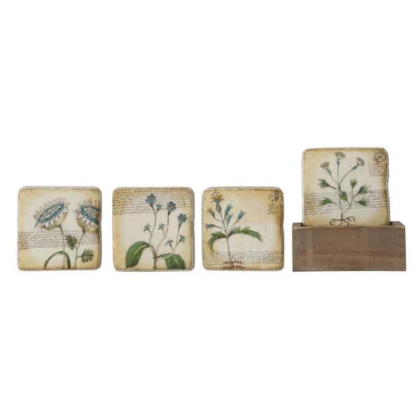 Storied Home Square Resin Coasters w/Flower in Wood Box in Beige (Set of 5)