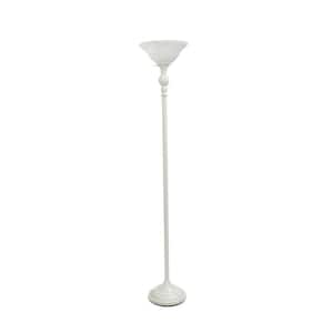 71 in. 1-Light White Torchiere Floor Lamp with Marbleized White Glass Shade