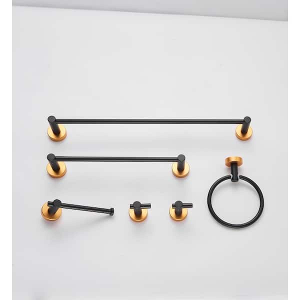 Tileon 6 Pieces Black and Gold Aluminium Bathroom Hardware Set included Hand Towel Bar, Toilet Paper Holder, Robe Towel Hooks