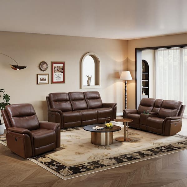 87 in. Rolled Arm 3-Piece Leather Rectangle Power Reclining Sofa Set in Reddish Brown, Modern Design w/Cup Holders, USB