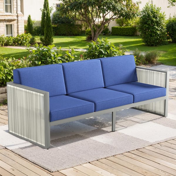 moosprr EdgeLine 3-Seat Light Beige PE Wicker Outdoor Couch with Olefin Blue Cushions