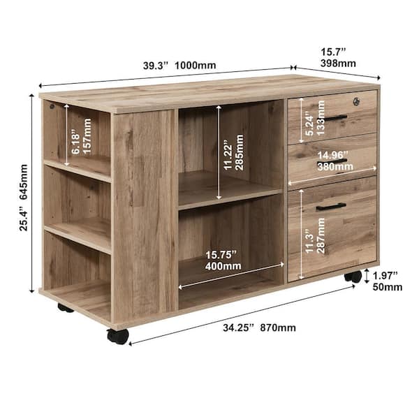 AndMakers 3-Drawer Oak Wood 39.37 in. W Lateral File Cabinet PWS