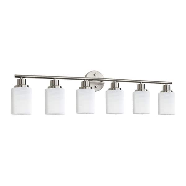 6-Light Chrome Vanity Light with Cylindrical White Frosted Glass Shades and Iron Frame, E26 Bulbs Not Included