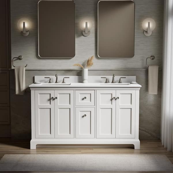 Baskin 60 in. Double Sink White Bath Vanity with Bianco Bella Quartz Top