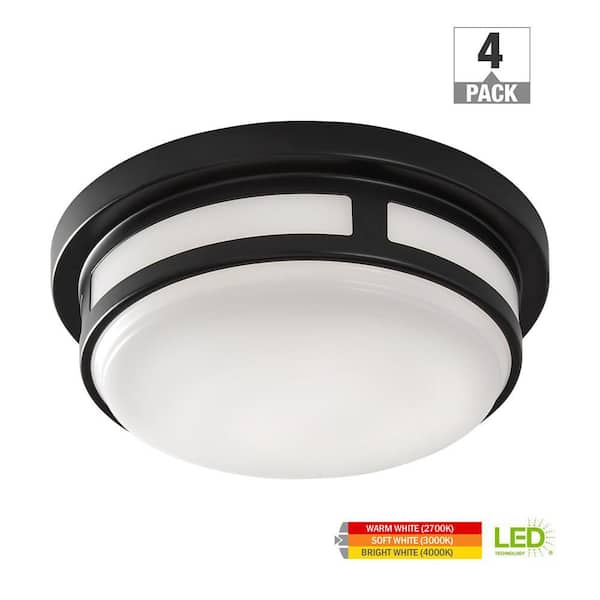 Hampton Bay 9 in. Black LED Flush Mount Indoor Outdoor Ceiling Light Adjustable CCT 600LM 8.5W Wet Rated Front Side Entry (4-Pack)
