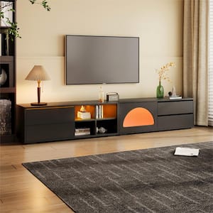 94.4 in. Black Free-Combination TV Stand Fits TVs up to 100 in. with Sliding Door 2-Drawers and LED Light