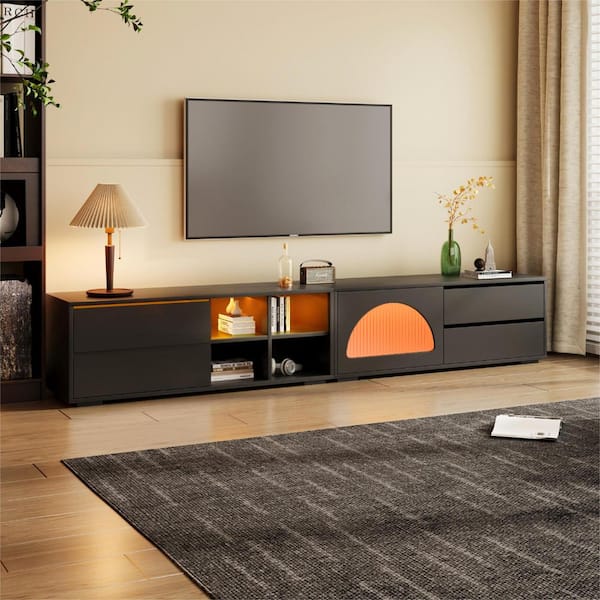 Nestfair 94.4 in. Black Free-Combination TV Stand Fits TVs up to 100 in. with Sliding Door 2-Drawers and LED Light
