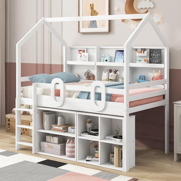 Qualler White Twin Size House Loft Bed with Storage Shelves
