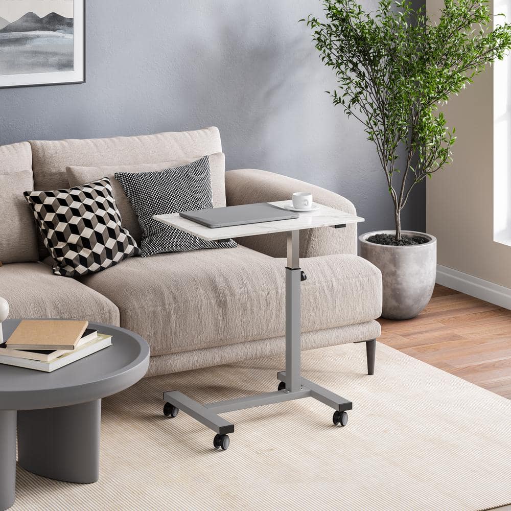 Adjustable Marble and Silver Mobile Side Table Cart