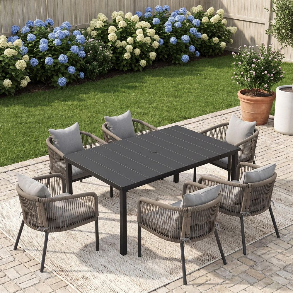 7-Piece 63 in. Black Metal Rectangle Slatted Outdoor Dining Set with 6 Gray Wicker Rope Chairs with Gray Cushions price history on PriceWatchPro