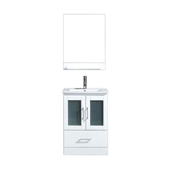 Virtu USA Zola 24 in. W Bath Vanity in White with Ceramic Vanity Top in Slim White Ceramic with Square Basin and Mirror
