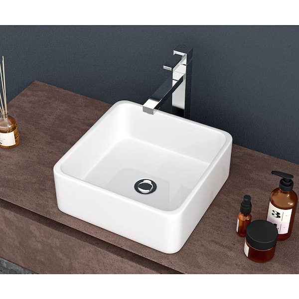 EPOWP 15 in. x 15 in. White Ceramic Square Bathroom Above Counter Vessel Sink