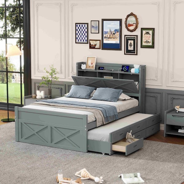 Polibi Gray Wood Frame Full Size Platform Bed with Storage Headboard with Outlets, Twin Size Trundle with 3 Storage Drawers