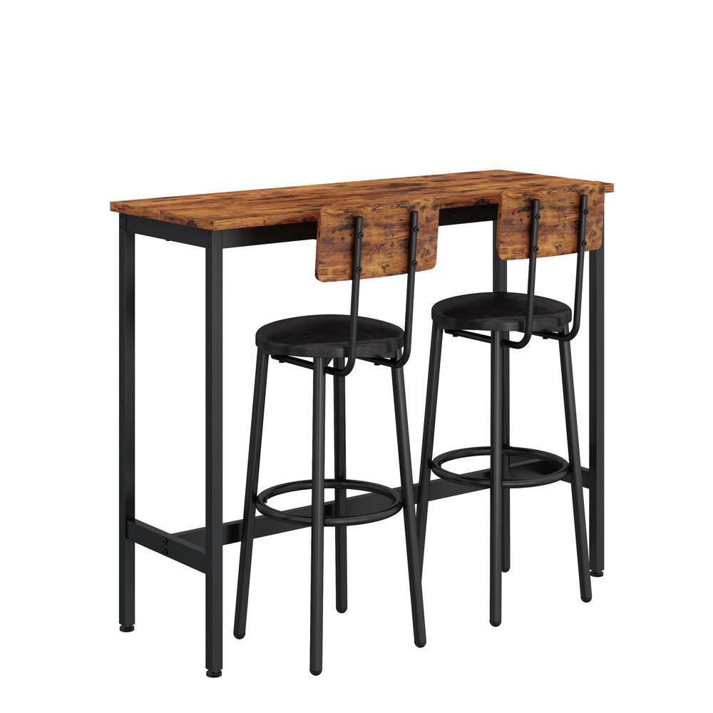 3-Piece Metal Outdoor Dining Set Bar Table Set with 2-Bar Stools with Black PU Cushions and Backrest