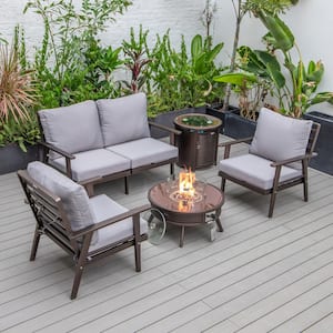 Walbrooke Brown 5-Piece Aluminum Round Patio Fire Pit Set with Grey Cushions, Slats Design and Tank Holder