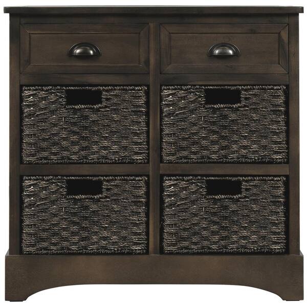 Brown Gray Rustic Storage Cabinet With, Wicker Basket Cabinet Storage