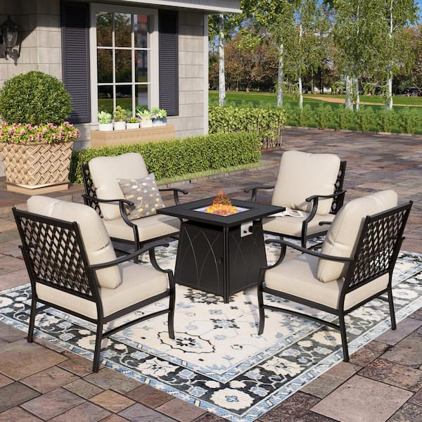 PHI VILLA Black Metal Meshed 4 Seat 5-Piece Steel Outdoor Patio Conversation Set with Beige Cushions and Square Fire Pit Table