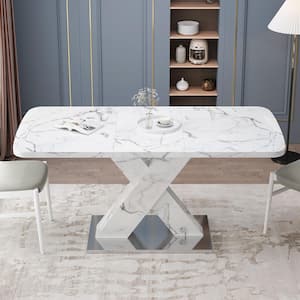 Printed Black Marble Table Top plus Wood X-Shape Table Leg with Metal Trestle Base Dining Table, 4-Seats