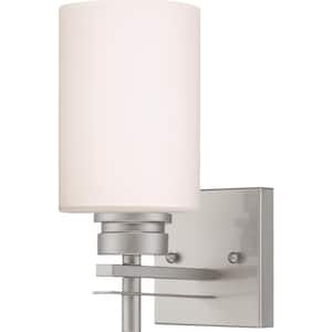 Carena 4.625 in. 1-Light Indoor Nickel Bath or Vanity Wall Mount Sconce with Etched White Cased Glass Cylinder Shade