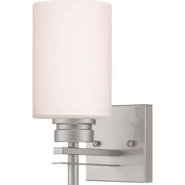 Volume Lighting Carena 4.625 in. 1-Light Indoor Nickel Bath or Vanity Wall Mount Sconce with Etched White Cased Glass Cylinder Shade