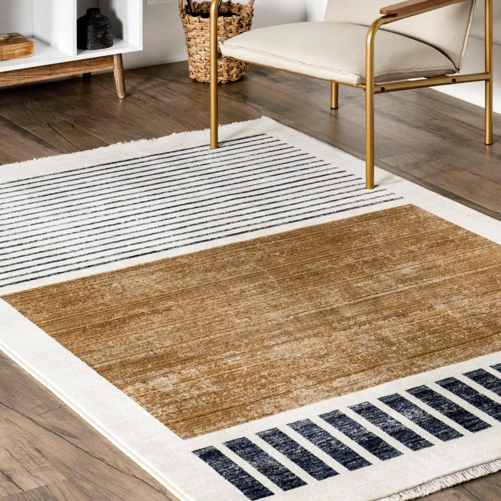 Keeva Beige and Black Striped Synthetic Area Rug