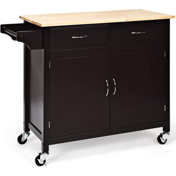 Bunpeony Brown Rolling Kitchen Cart with Towel Rack and Wood