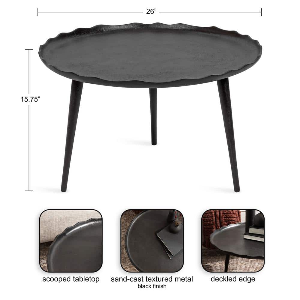 Alessia Black Round Metal Coffee Table with Deckled Edge, 26x26x16