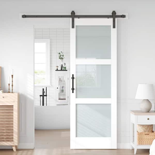 30 in. x 84 in. 3-Lite Frosted Glass White Finished MDF Core Sliding Barn Door with Hardware Kit