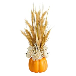 21 in. Orange Autumn Dried Wheat and Pumpkin Artificial Fall Arrangement in Decorative Pumpkin Vase