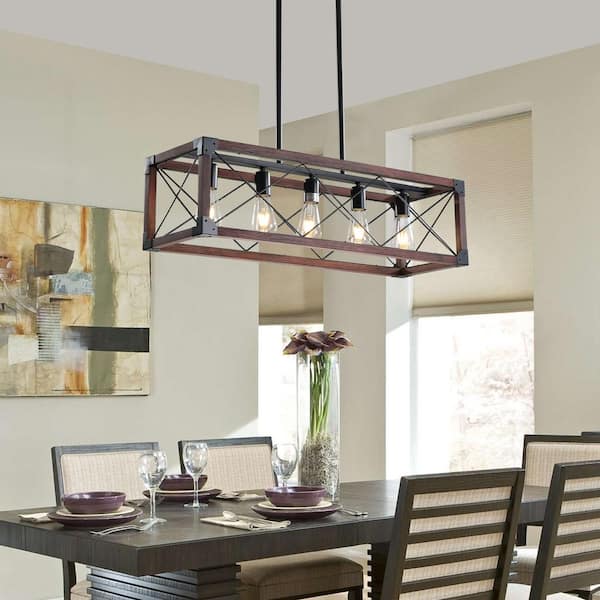 5-Light Retro Farmhouse Chandelier Pendant in Red and Walnut, Metal Rustic Island Light Fixture