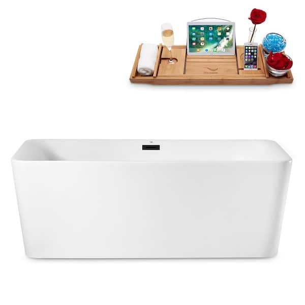 Streamline 63 in. Acrylic Flatbottom Non-Whirlpool Bathtub in Glossy White with Matte Black Drain and Overflow Cover