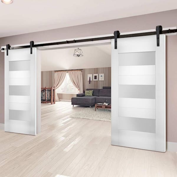 Assemble Required 72 in. x 84 in. Single Panel White Solid MDF Sliding Doors with Double Barn Black Hardware
