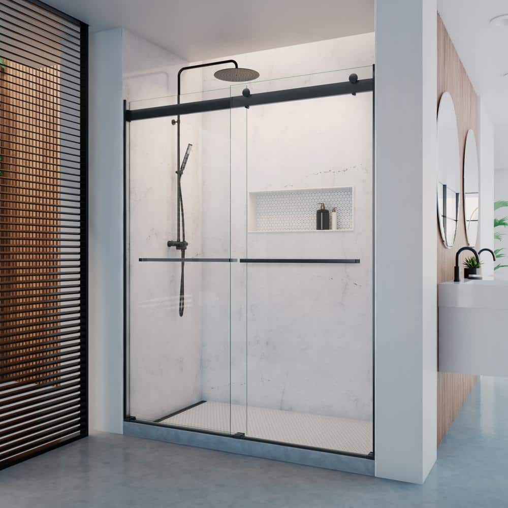 Matte Black Frameless Sliding Shower Door with Clear Glass