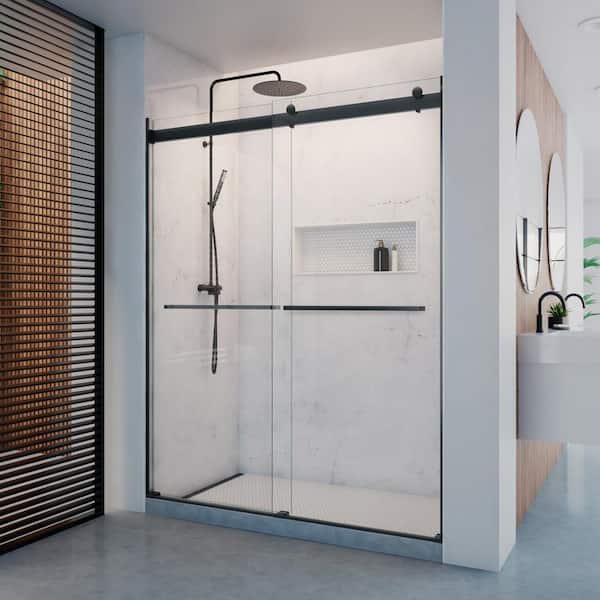 DreamLine Dexterity 60 in. W x 76 in. H Semi-Frameless Sliding Bypass Shower Door in Matte Black with Clear Glass