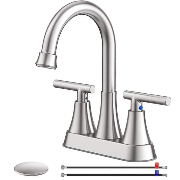 1-Piece 3 Hole 2 Handle Stainless Steel Bathroom Sink Faucet in Brushed Nickel, Included Pop up Drain and Supply Hoses