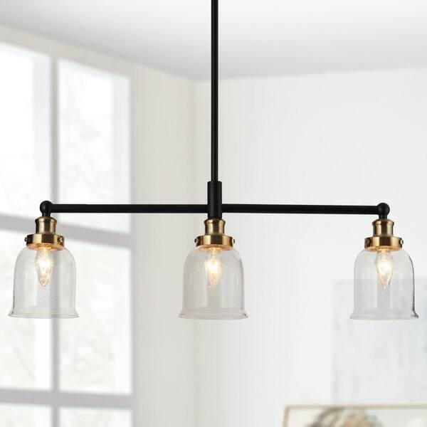 Zevni Thelonious Modern 3-light Black Kitchen Island Lamp with Seeded Glass Shade, 27 in. Brass Chandelier Pendant Light