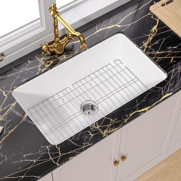 ちきんむ WetBase 32 in. Fireclay Kitchen Sink Undermount White Kitchen Sink