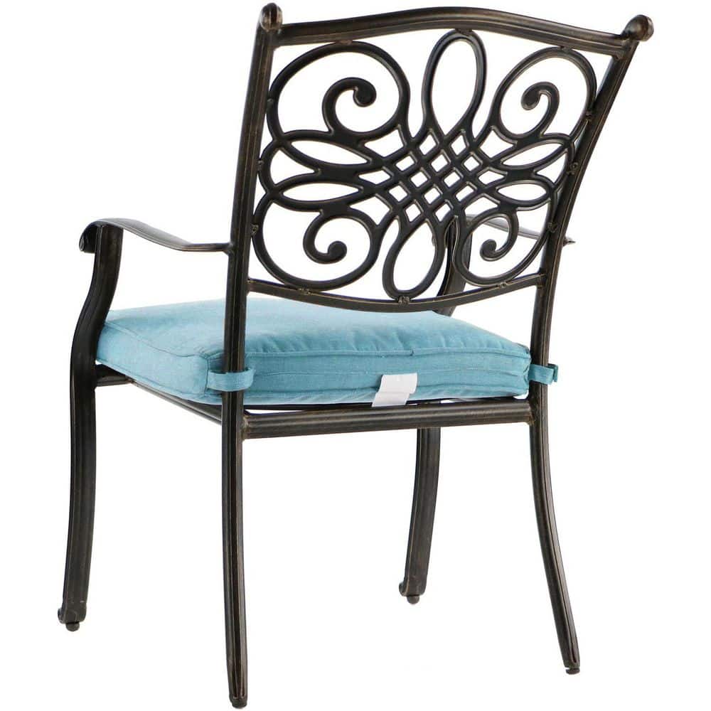 Bronze Aluminum Outdoor Dining Set with Blue Cushions
